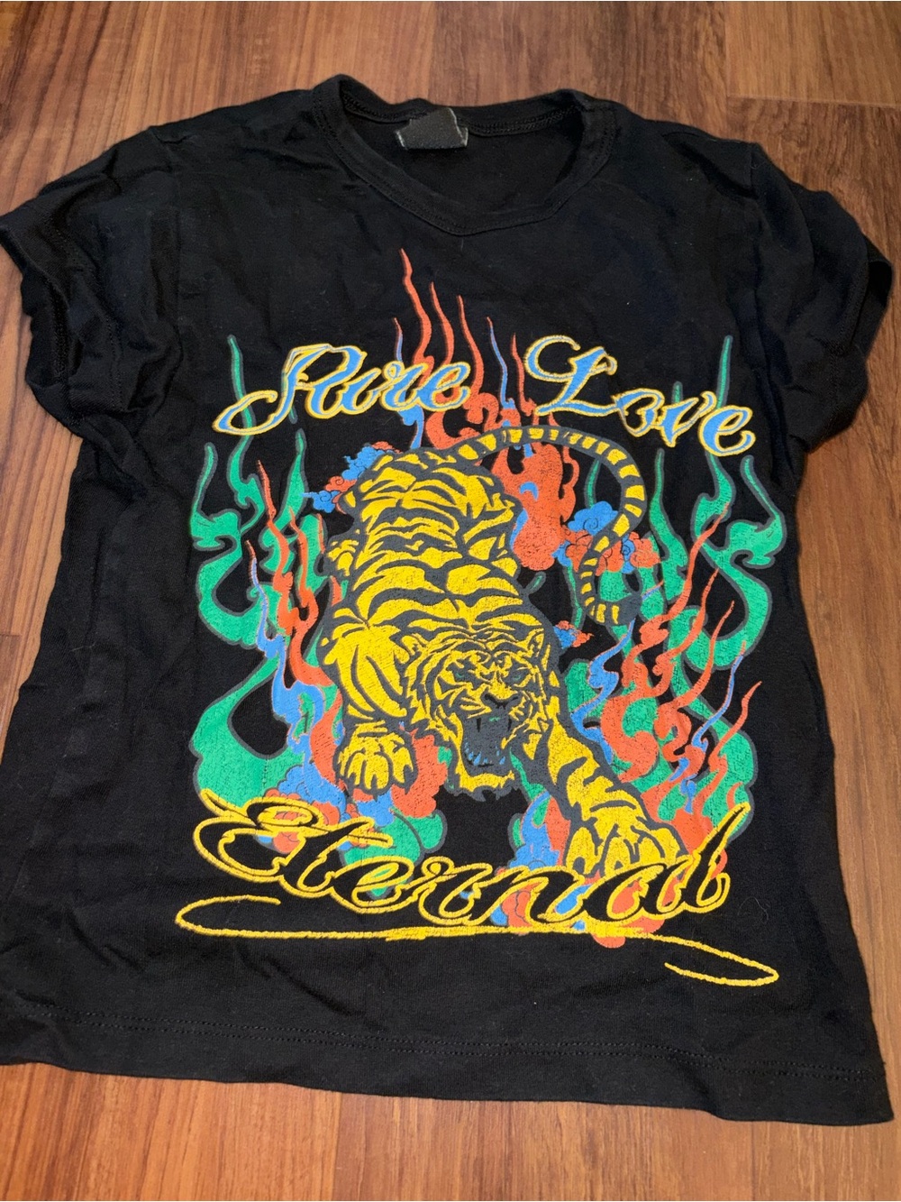 Urban Outfitters Black Tee with Yellow Tiger Script and Multicolor Flames